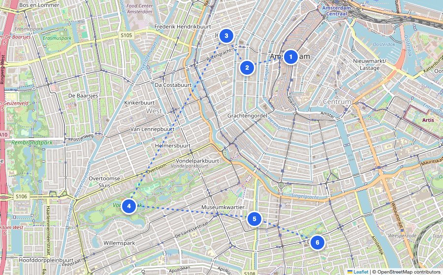 Map of the walking route through Amsterdam