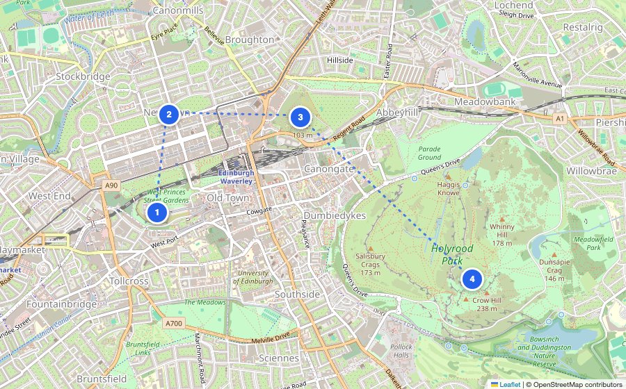 Map of the walking route through Edinburgh