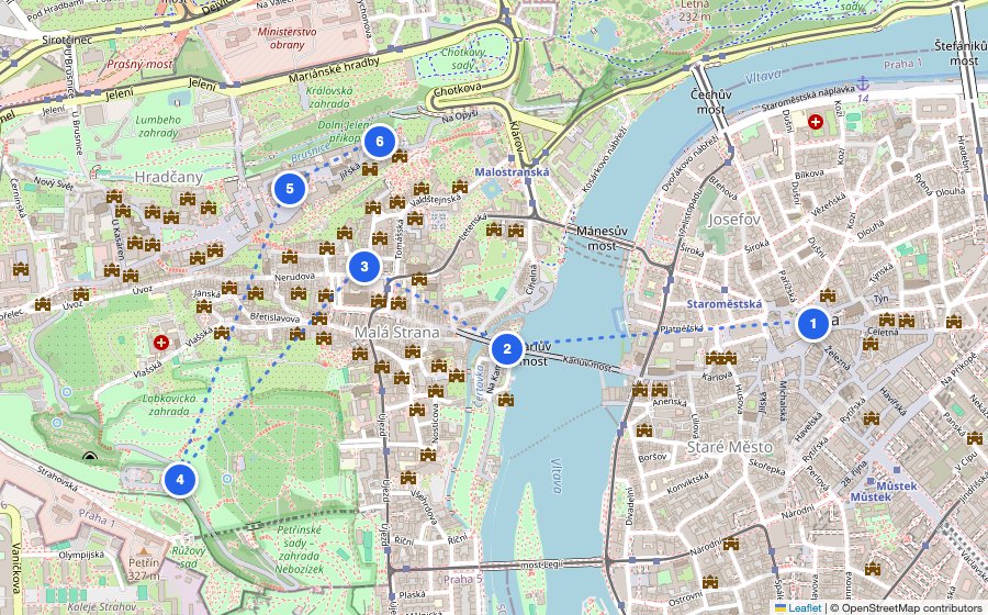 Map of the walking route through Prague
