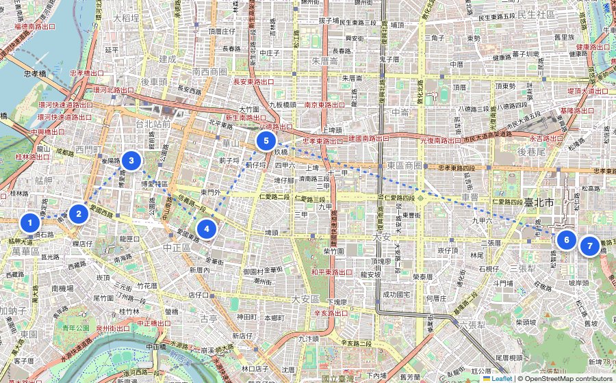 Map of the walking route through Taipei