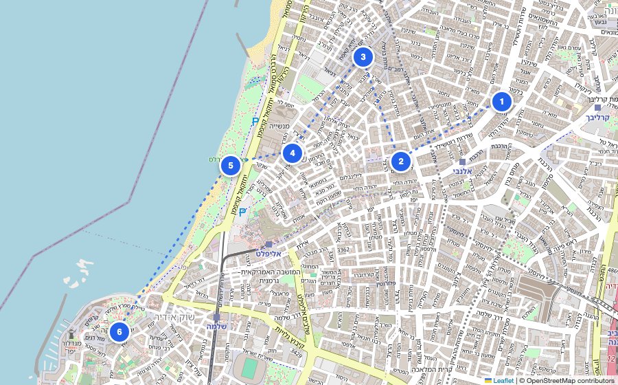 Map of the walking route through Tel Aviv