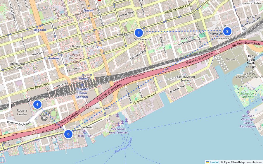 Map of the walking route through Toronto