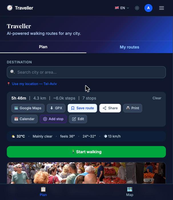 Route summary, live weather, and one-tap actions